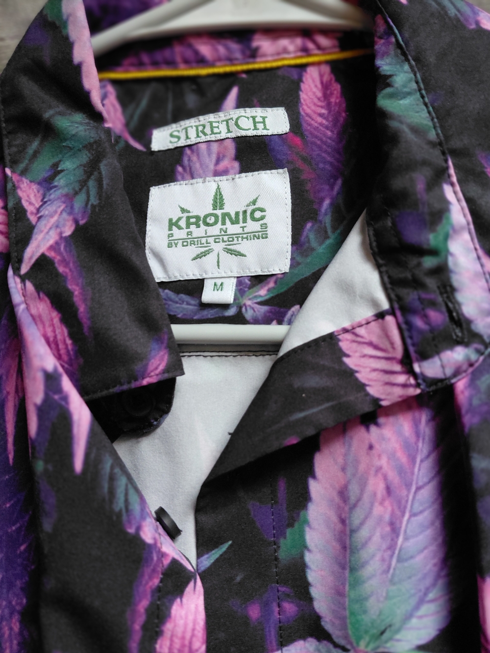 Men’s Stretch Button-Down Shirt in Black with Purple & Teal Leaf Print